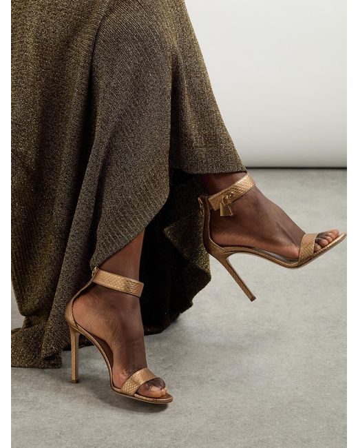 Tom Ford White Embellished Metallic Snake-Effect Leather Sandals