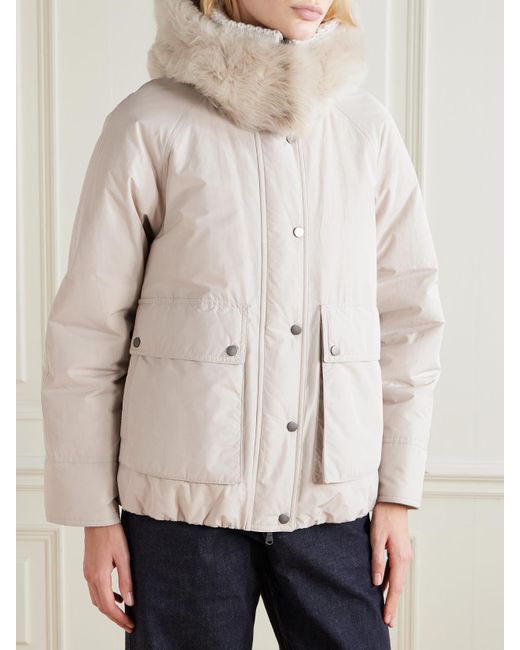 Brunello Cucinelli Natural Hooded Ribbed-Knit And Shearling-Trimmed Bead-Embellished Padded Shell Down Jacket