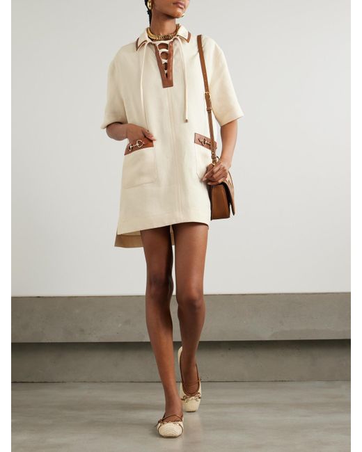 Gucci Natural Kleid Aus Leinencanvas Mit Horsebit, Größe