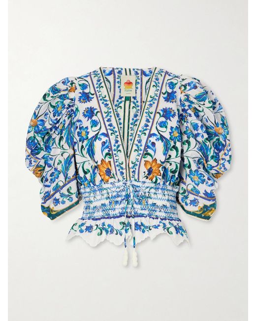 Farm Rio Blue Flora Tile Shirred Floral-Print Cotton-Poplin Blouse