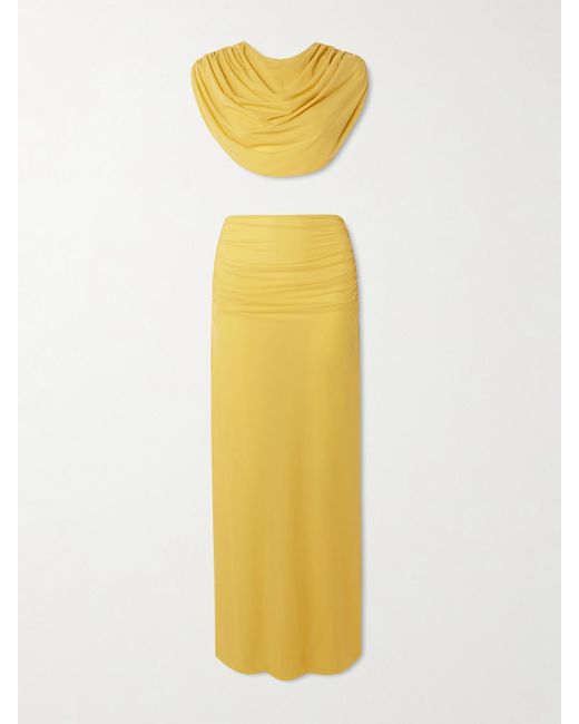 Maygel Coronel Yellow Amalra Draped Stretch-Jersey Top And Skirt Set