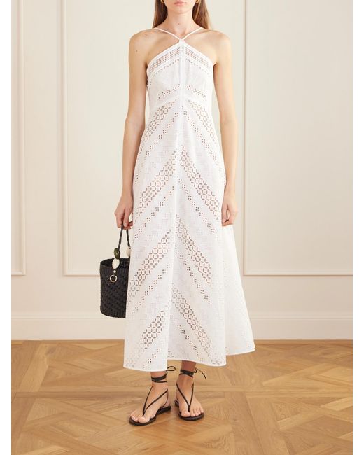 Loretta Caponi White Castiglione Broderie Anglaise Cotton Halterneck Midi Dress