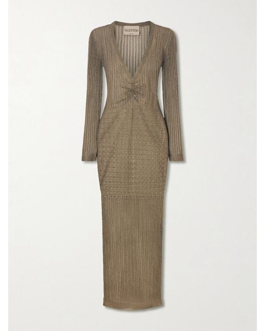 Valentino Garavani Natural Metallic Pointelle-Knit Midi Dress