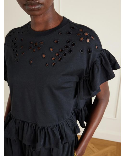 Ulla Johnson Black Mariana Ruffled Broderie Anglaise Organic Cotton-Jersey Blouse