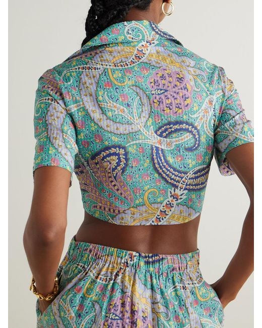 Etro Blue Knotted Cropped Cotton And Silk-Blend Voile Shirt