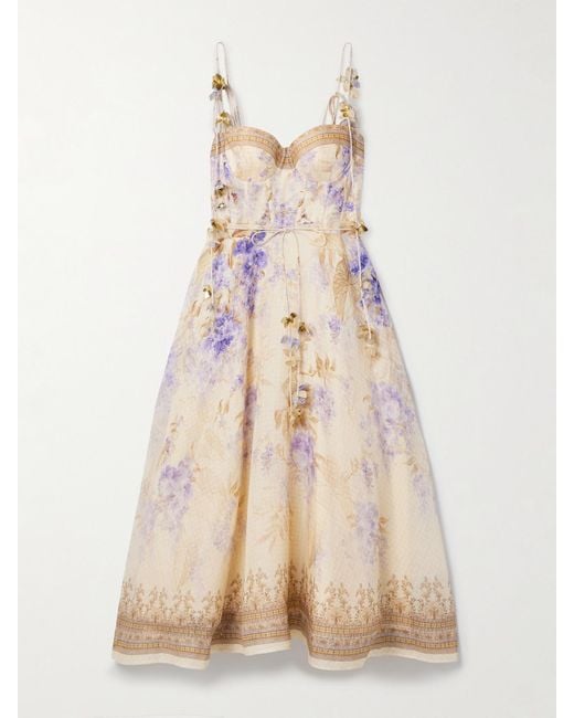 Zimmermann Natural Dawning Midikleid Aus Einer Leinen-Seidenmischung Mit Blumenprint Und Bindegürtel