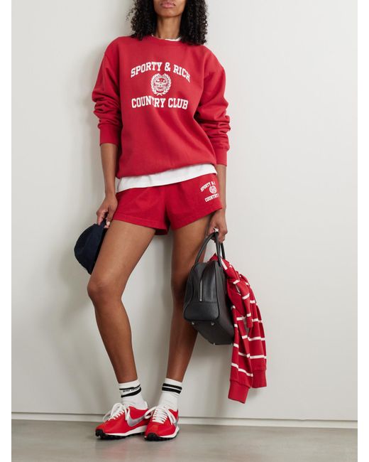 Sporty & Rich Red Varsity Printed Cotton-Jersey Shorts