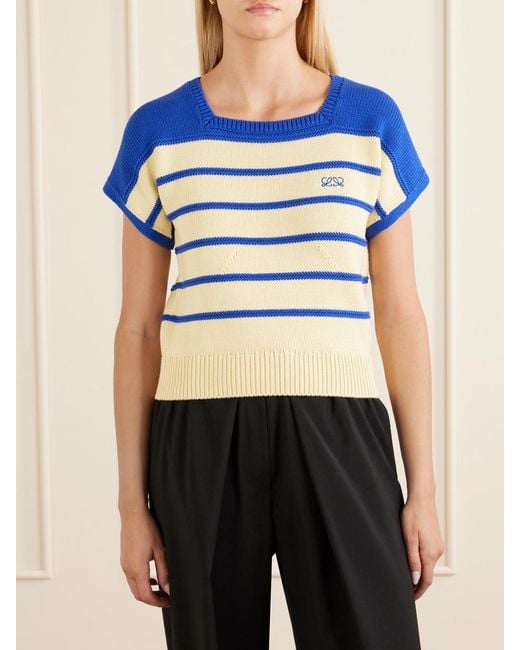 Loewe Blue Anagram-Embroidered Striped Cotton And Wool-Blend Sweater