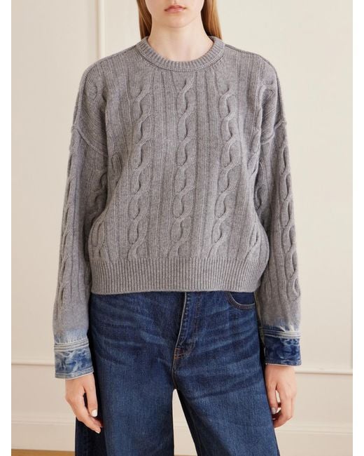 Haikure Gray Karine Denim-Trimmed Cable-Knit Cotton Sweater