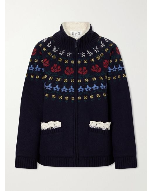 Sea Blue Preston Crochet-Trimmed Merino Wool-Blend Jacket