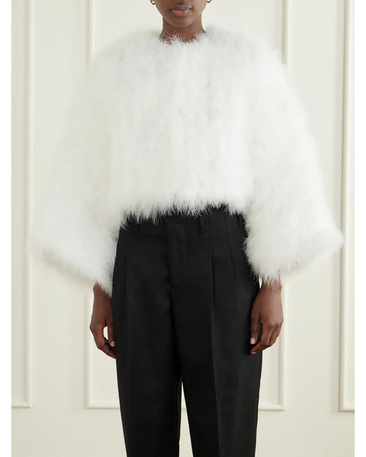 Yves Salomon White Cropped Feather-Trimmed Satin Cape