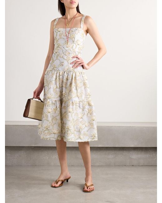 Agua Bendita Natural Lima Soledad Embellished Floral-Print Tulle Midi Dress