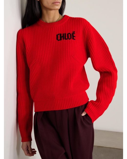Chloé Red Logo-Detailed Ribbed Wool And Cashmere-Blend Sweater