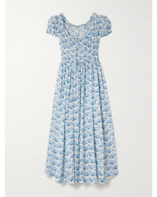 Doen Blue Ashlynn Midikleid Aus Biobaumwoll-Voile Mit Blumenprint Und Raffungen Zum Binden