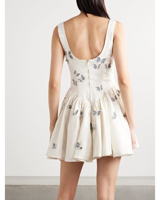 Agua Bendita Natural Pluma Lymanopoda Appliquéd Gathered Linen Mini Dress