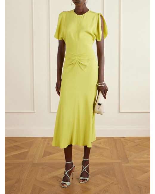 Victoria Beckham Yellow Bela Gathered Satin Midi Dress