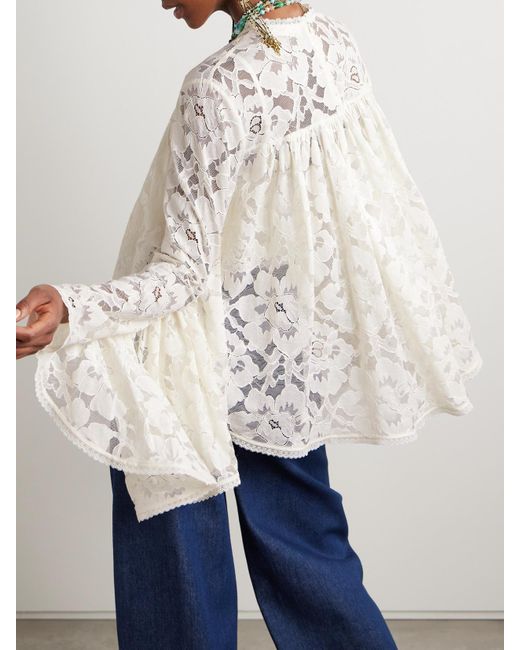 Zimmermann White Illuminate Gathered Cotton-Blend Lace Blouse