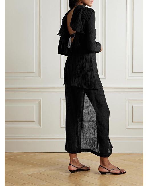 Lisa Marie Fernandez Black Open-Back Ruffled Linen-Blend Gauze Tunic