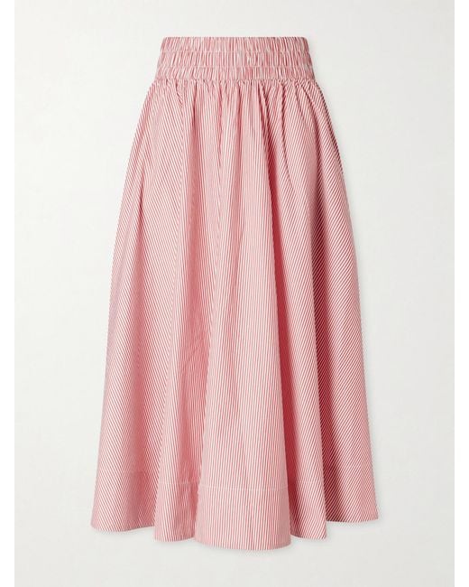 Suzie Kondi Pink Kyria Shirred Striped Cotton-Poplin Midi Skirt