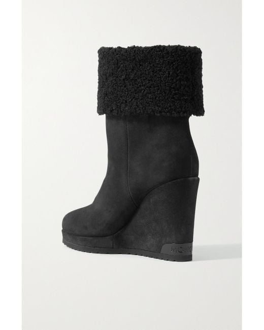 Moncler Black W Short Plush-Lined Suede Wedge Ankle Boots