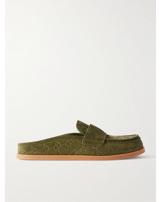 Gucci Green Celia Debossed Suede Mules