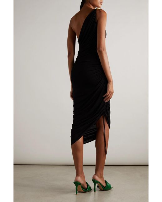 Bottega Veneta Black One-Shoulder Asymmetric Embellished Satin-Jersey Midi Dress