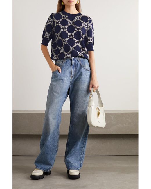 Gucci Blue Navy Reversible gg Jacquard Wool Sweater