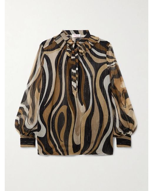 Emilio Pucci Ruffled Metallic Silk-Blend Crepon Pussy-Bow Blouse