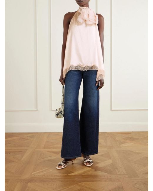 Magda Butrym Pink Appliquéd Lace-Trimmed Silk-Satin Halterneck Top