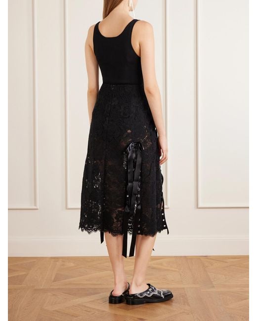 Simone Rocha Black Unraveling Ribbon Ring Asymmetric Embellished Lace And Satin Midi Skirt