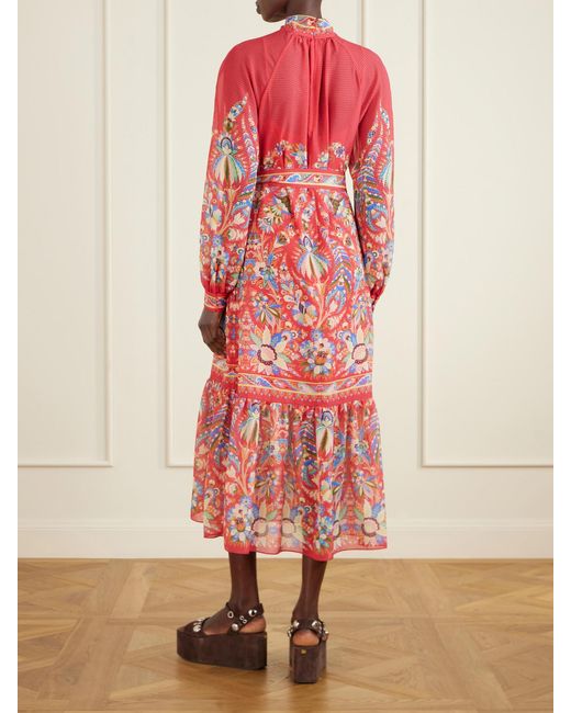 Etro Red Floral-Print Chiffon Midi Dress