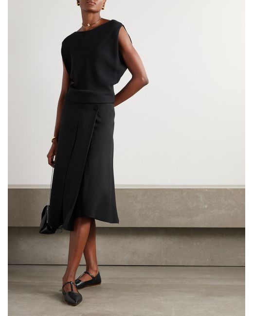 Loro Piana Black Alida Bead-Embellished Pleated Silk Crepe De Chine Midi Wrap Skirt
