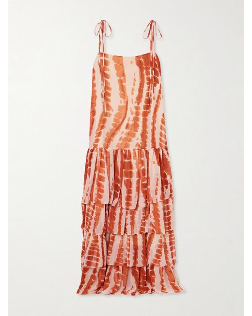 ANDRES OTALORA White Tha Embellished Tiered Printed Recycled-Chiffon Maxi Dress