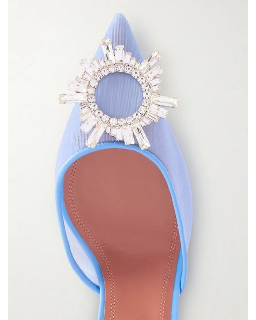 AMINA MUADDI Blue Begum Leather-Trimmed Crystal-Embellished Mesh Slingback Pumps