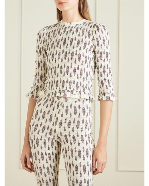 Isabel Marant White Arie Open-Back Ruffled Floral-Print Smocked Cotton Blouse