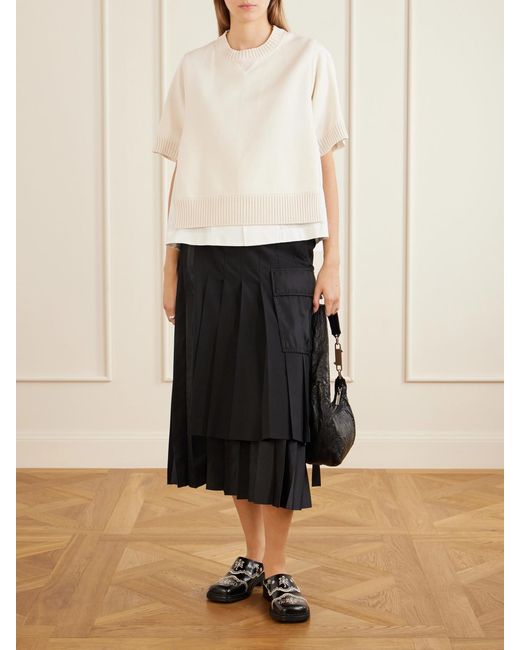 Sacai Black Pleated Twill And Shell Midi Skirt