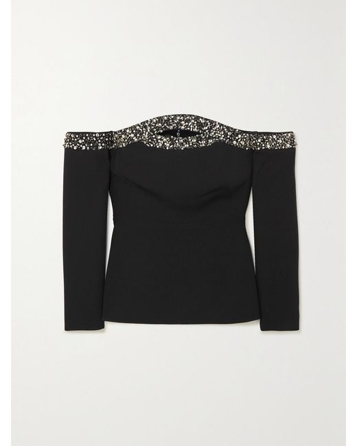 Safiyaa Black Roisin Off-The-Shoulder Cutout Embellished Crepe Top