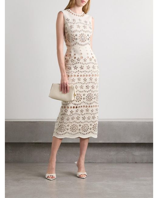 Oscar de la Renta Natural Crystal-embellished Broderie Anglaise Wool-blend Crepe Midi Dress