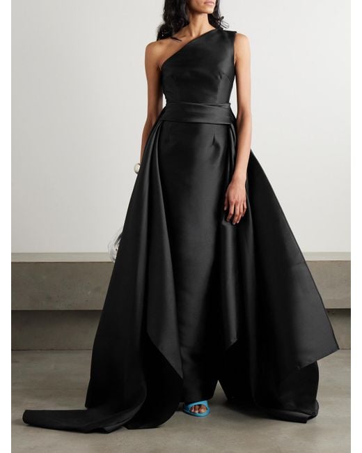 Solace London Black The Charo One-Shoulder Draped Satin-Twill Gown