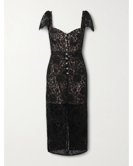 Self-Portrait Black Belted Embellished Cotton-Blend Lace Midi Dress