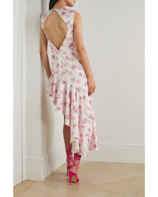 Les Rêveries Pink Open-Back Asymmetric Floral-Print Satin Midi Dress