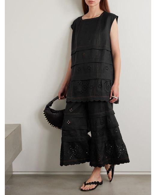 Vita Kin Black Gigi Tanktop Aus Leinen Mit Lochstickerei Und Kontrastnähten