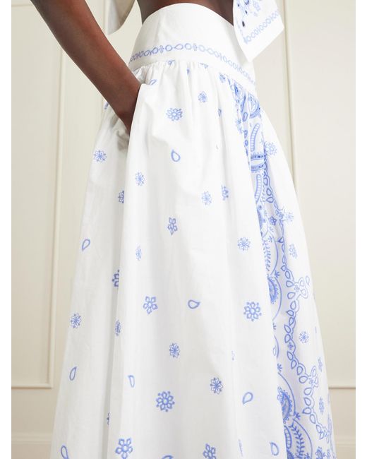 Self-Portrait Blue Tiered Embroidered Cotton-Poplin Midi Skirt