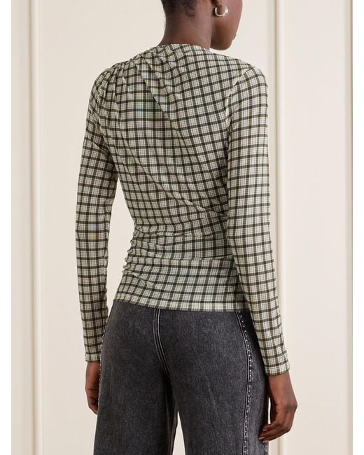 Veronica Beard White Nuvina Gathered Checked Stretch-Mesh Blouse