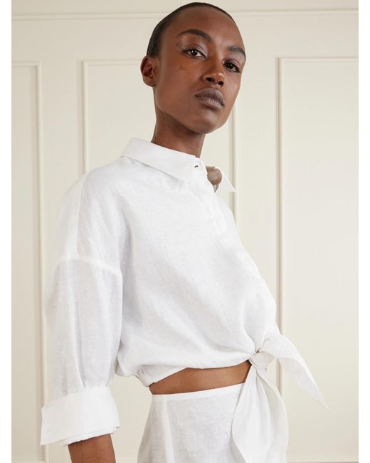 Staud White Lisa Knotted Linen Shirt