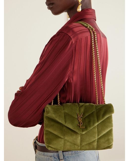 Saint Laurent Green Toy Puffer Matelassé Leather-Trimmed Suede Shoulder Bag