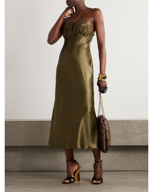 Saint Laurent Green Lace-Trimmed Silk-Satin Midi Dress