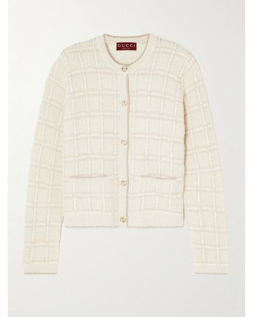 Gucci Natural Checked Metallic Jacquard-Knit Wool-Blend Cardigan