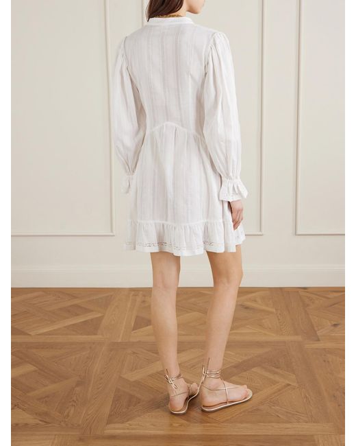 Loretta Caponi White Recanati Ruffled Pleated Lace-Trimmed Cotton Mini Dress