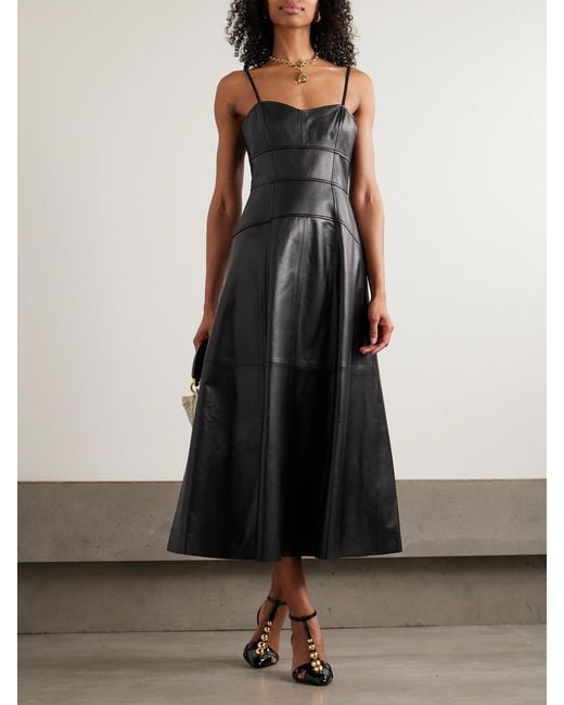 Ulla Johnson Black Adelina Paneled Leather Midi Dress